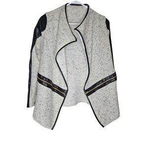 Macaroon Goodnight Knit Jacket L Faux Leather Trim Asym Zip Drape